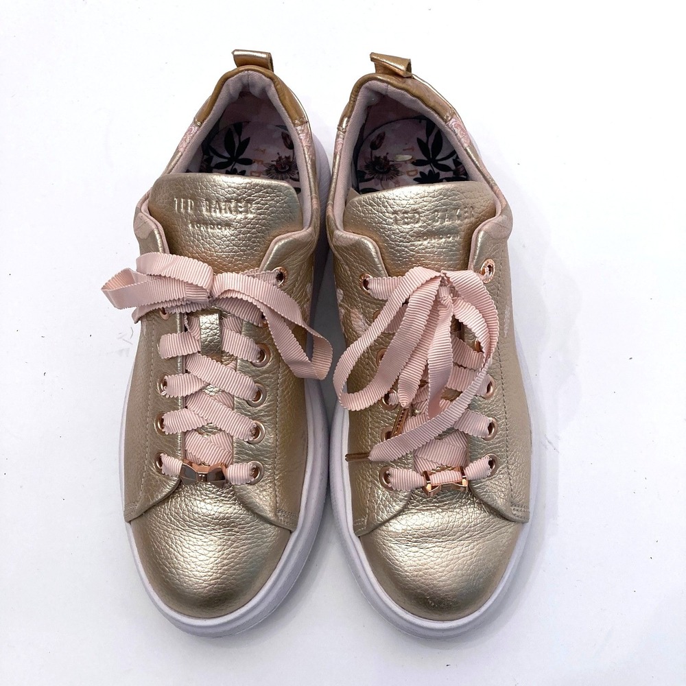 Ted Baker Rose Gold Floral Sneakers Metallic Ribbon Laces Womens‎ 6/6.5 EU 37